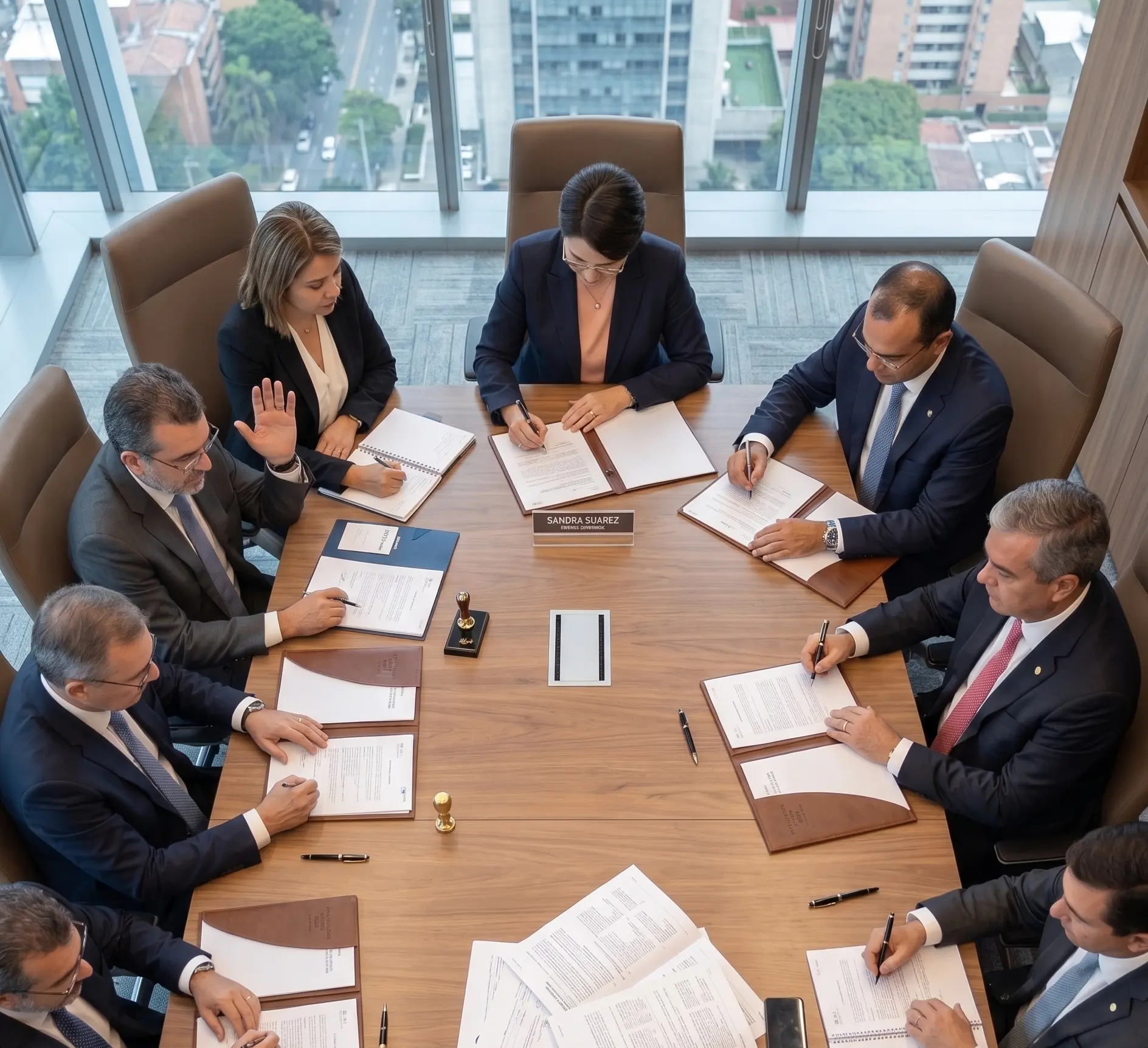 Sandra Suárez con equipos directivos y líderes empresariales